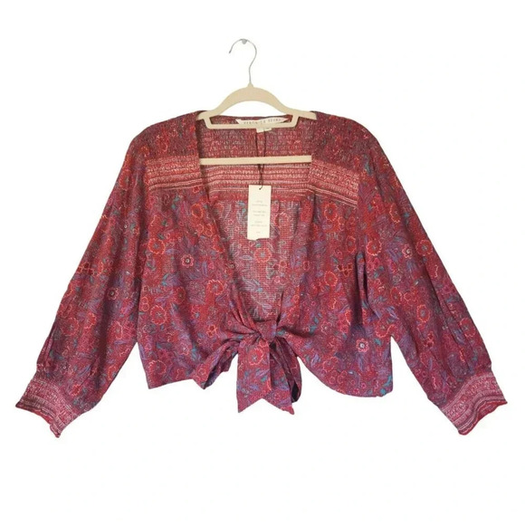 New Veronica Beard Cropped Jaquard Top Size Large Red Sarah Tie-Front Printed - Picture 4 of 12